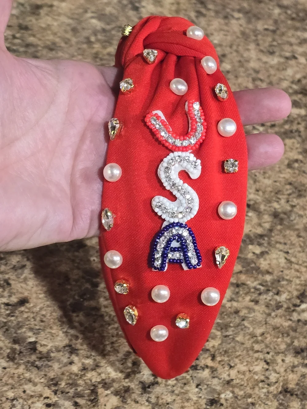 4th Of July USA Embellished Red Knot Headband with Crystal Letters
